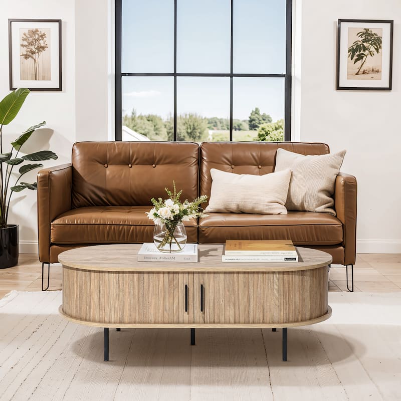 Mid-Century Modern Coffee Table with Storage and Slatted Sliding Doors - 15.7" H x 47.2" W x 23.6" D
