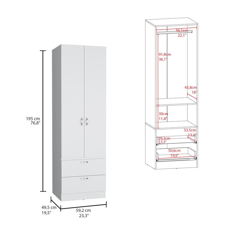 19.5" Modern Double-door Armoire with 2 Drawers, One Shelf and Hanging Rod
