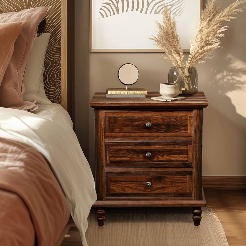 Wood 3-Drawer Nightstand with Rustic Finish and Storage