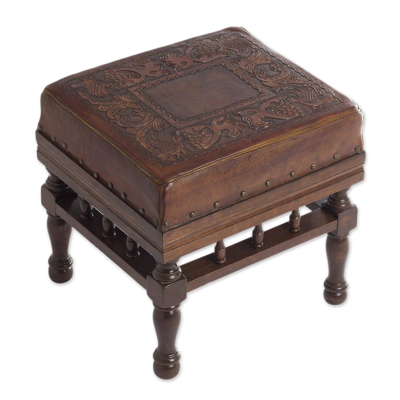 Wood and leather stool, 'Birds Among the Vines' - 15.75" H x 16.5" W x 15" D