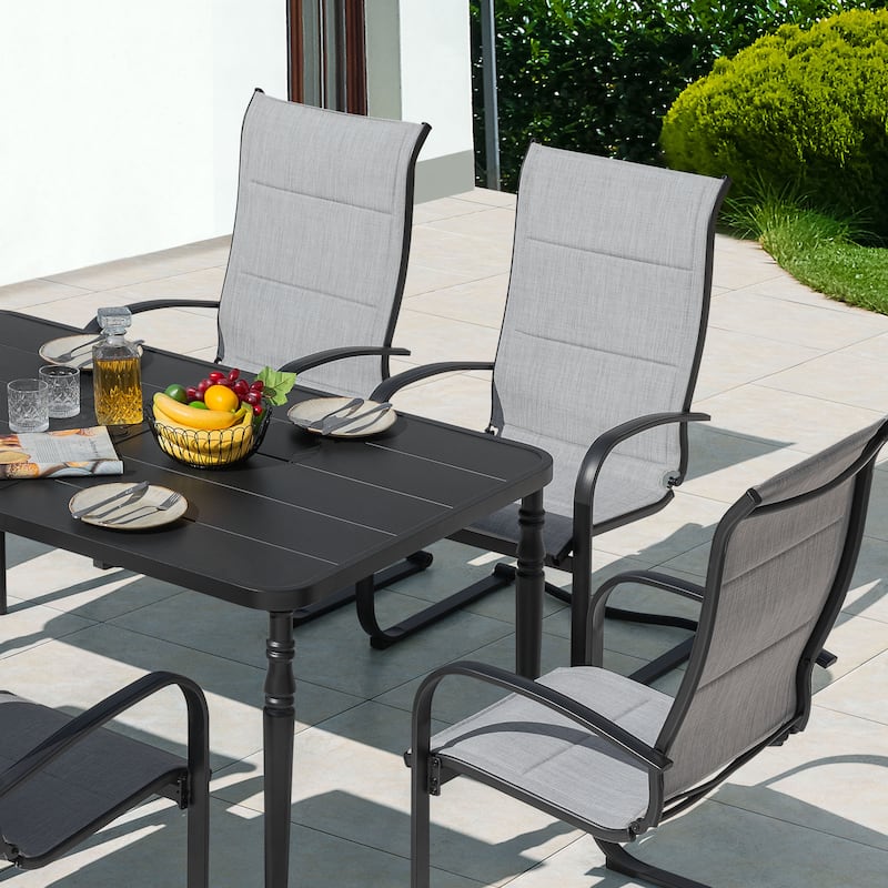 7-Piece Textilene Metal Rectangle Outdoor Dining Set with 6 C-Spring Motion Chairs and Umbrella Hole, Black