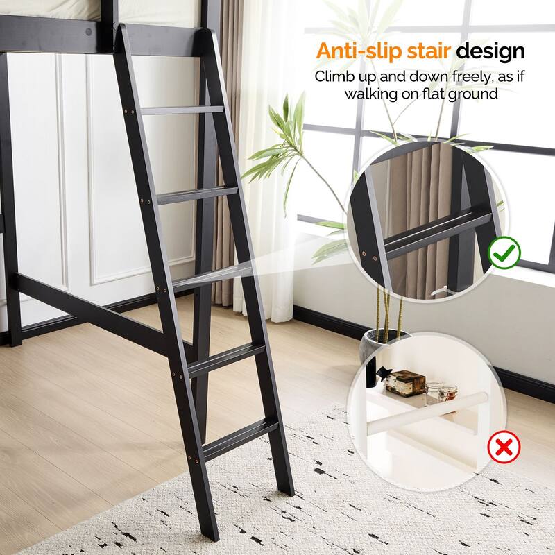 Solid Wood Loft Bed with USB Charging Station/LED with Flat Rungs,No Box Spring Needed