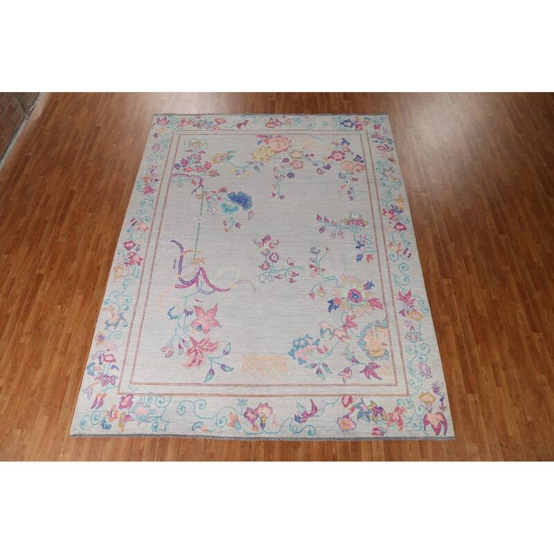 Hand Knotted Oriental 100% Wool Carpet Traditional Floral Greys & Charcoal Art Deco Area Rug - 11' 6'' X 9' 0''
