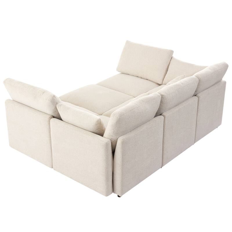 L-Shaped Modular Sectional Sofa Convertible U-Shaped Sofa Bed with Movable Ottoman and 2 USB Ports, 2 Pillows, Chenille 5 Seat