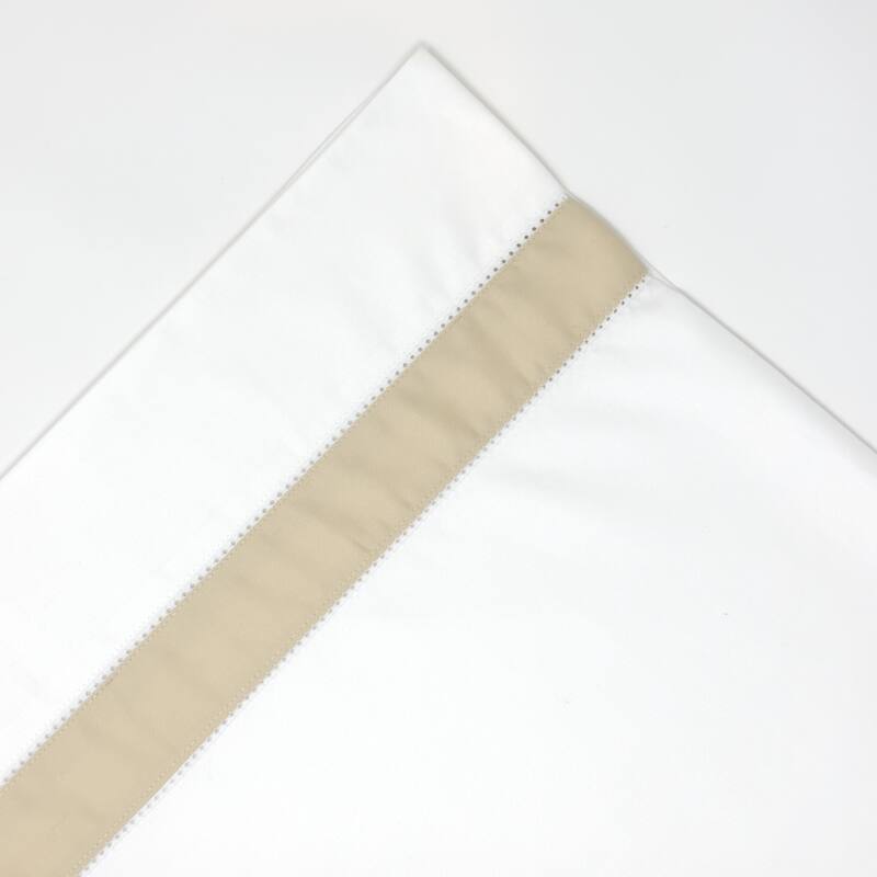 Pointehaven 525 Thread Count 100% Long Staple Cotton Bordered Hem Sateen Pillow Cases Pair - Standard Pillowcases - White with Champagne