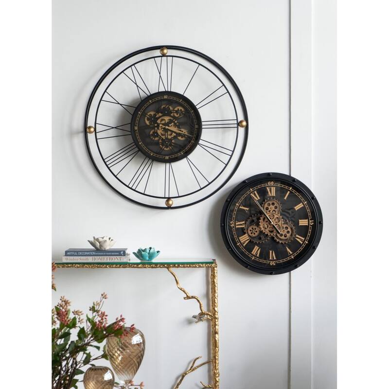 Large Roman Numerals Intertwining Gear Wall Clock 31.5" Black and Gold