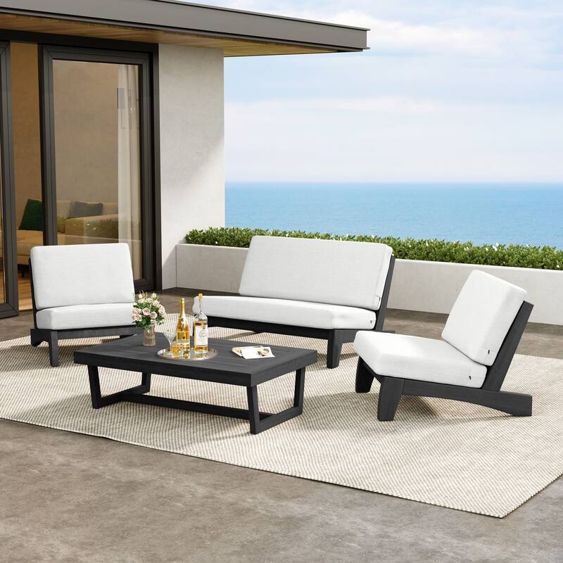 Patio 4 Pieces Teak Wood Conversation Set With Coffee Table - Beige/Black - Whole Cushion