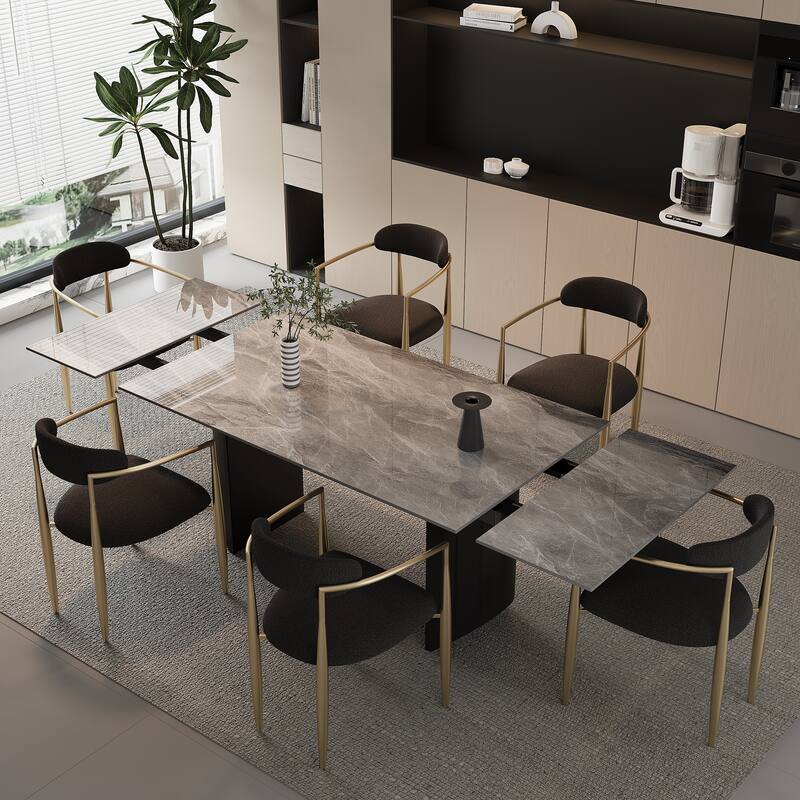 9 - Piece Extendable Sintered Stone Top Double Pedestal Dining Set With 8 Fabric Chairs