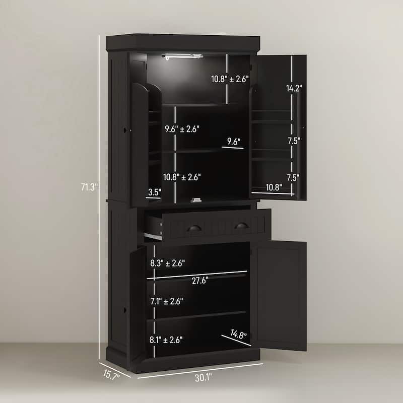 Tall Kitchen Pantry Cabinet with Adjustable LED Light and Drawer Shelves for Organized Storage - 30.1" W x 15.7" D x 71.3" H