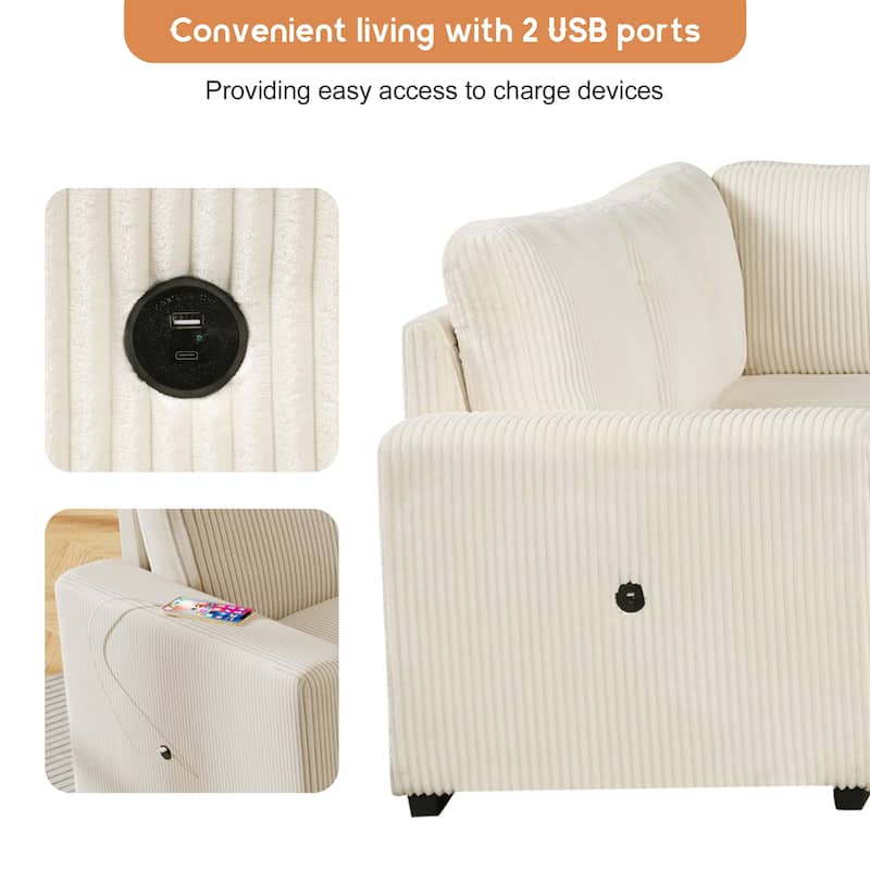 115.6" Corduroy U-Shaped Sectional Sofa with Pull-out Bed, Storage & USB Ports