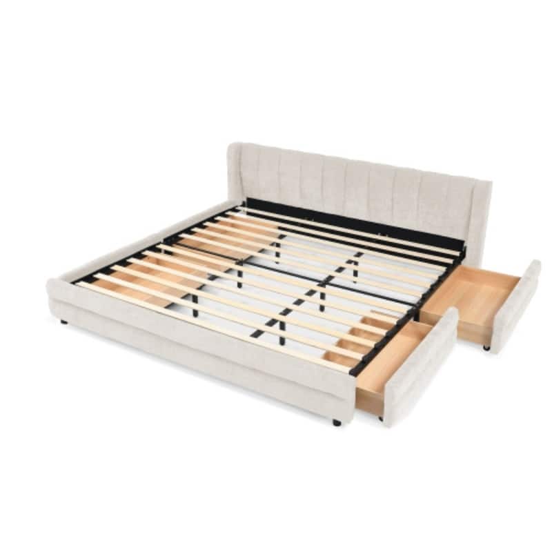 King Upholstered Bed Frame with Storage Drawer, Thick Padded Headboard & Solid Frame in Chenille Fabric