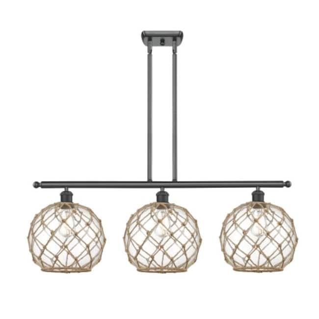 Innovations Lighting Large Farmhouse Rope 3 Light 36" Wide Linear - Matte Black / Clear Glass with Brown Rope