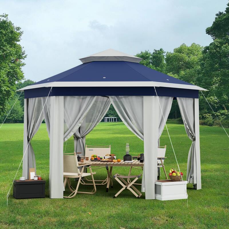 Pop Up Gazebo, Hexagonal Canopy Shelter with 6 Zippered Mesh Netting, Event Tent with Strong Steel Frame