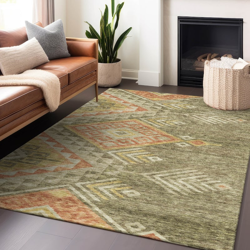 Machine Washable Indoor/ Outdoor Boho Tribal Chantille Rug - Green - 9' x 12'
