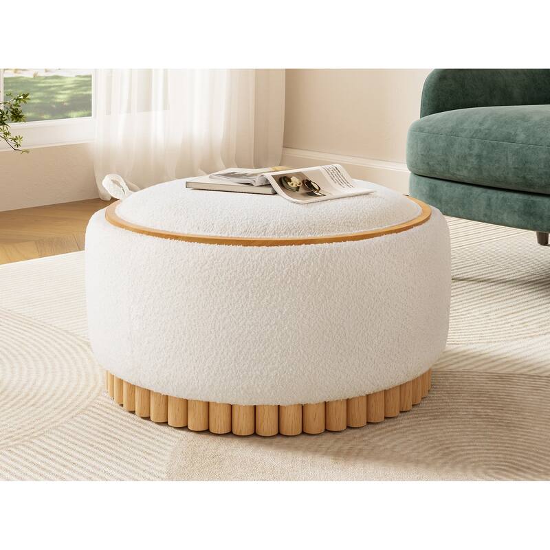 29" Round Storage Ottoman with Solid Wood Legs, Coffee Table with Reversible Lid, Boucle Fabric Footrest for Living Room