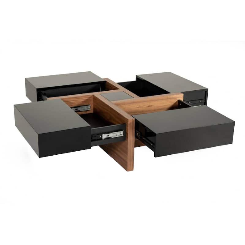 Square Top Wooden Coffee Table with 4 Drawer Storage, Brown and Black