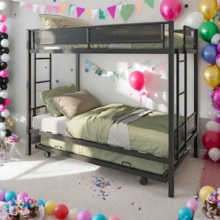 Metal Twin over Twin Bunk Bed with Trundle,Wood Slat and Textilene Guardrail,2 Side Ladders For Home