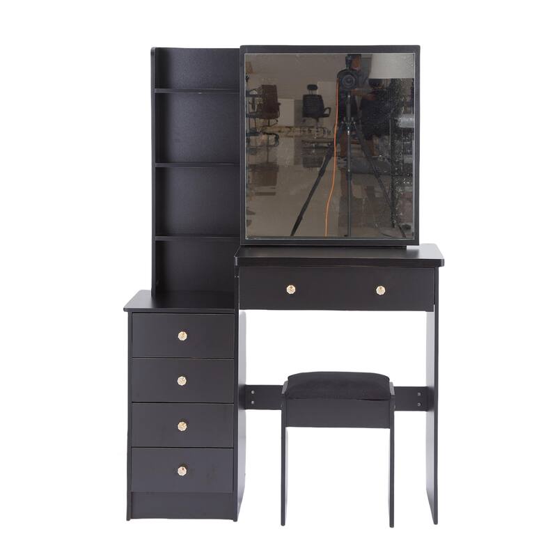 37" Full-Size Vanity Set with Sliding Mirror & Cushioned Stool - Black