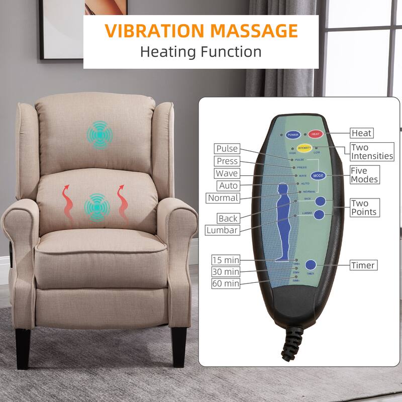 Vintage Upholstered Wingback Heated Vibrating Massage Recliner Chair: with Remote Controller and Push-back Recline.