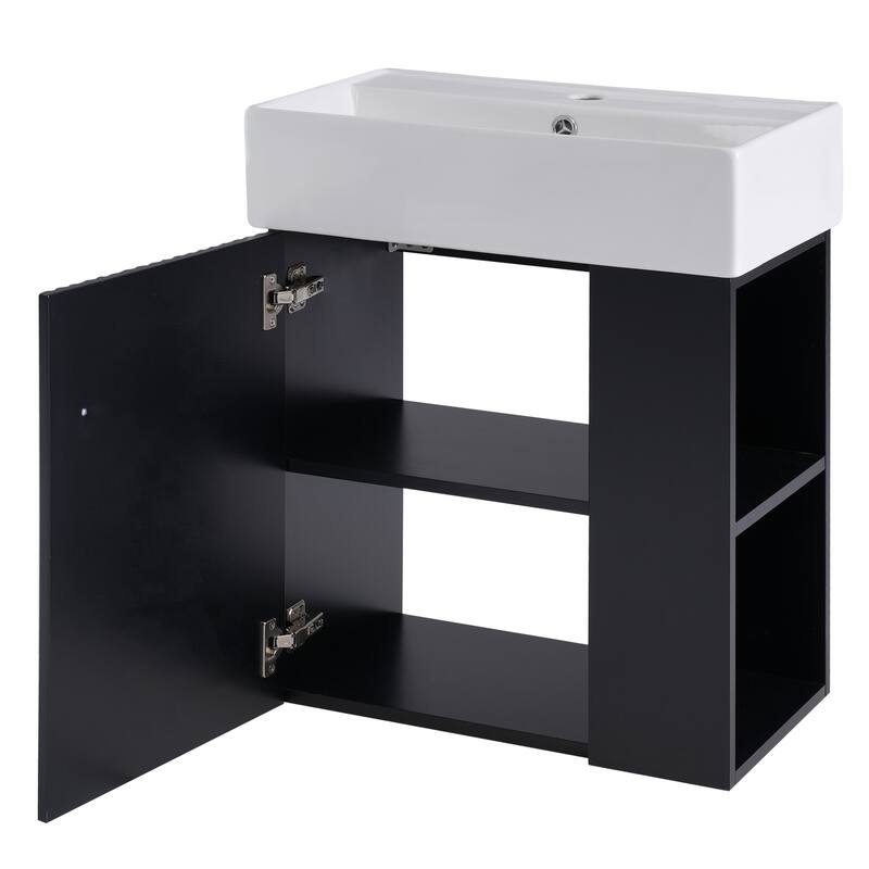 Roomfitters Modern 21.6" Floating Bathroom Vanity with Ceramic Sink, Soft-Close Door and Open Side Storage
