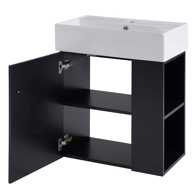 Wall-Mounted Bathroom Vanity Small Space Floating Cabinet with Sink, Wave-Patterned Door, Metal Handle and Right Side Storage