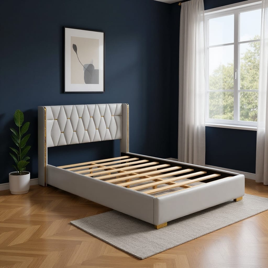 HomeRoots White Tufted Upholstered Queen Bed Frame