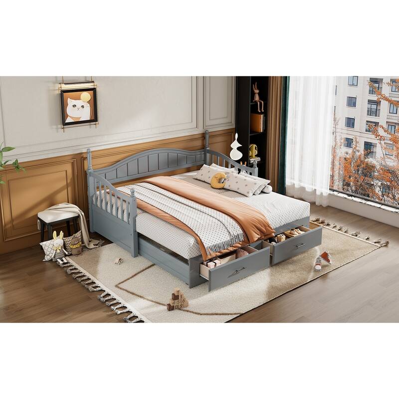 Wooden Twin Size Daybed with Twin Size Trundle, Extendable Daybed with Two Storage Drawers