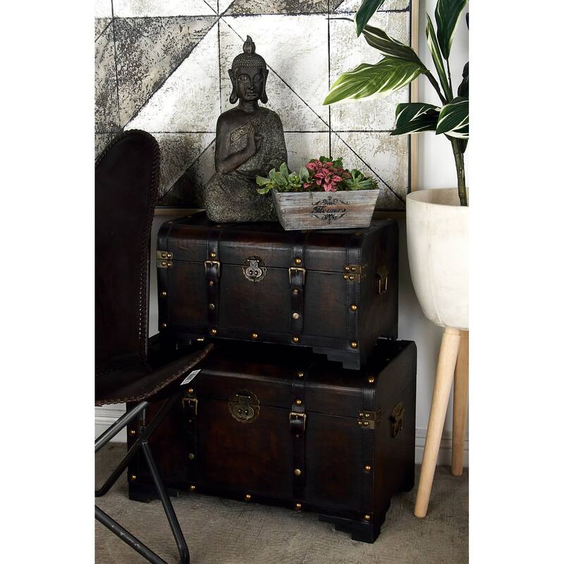Brown Wooden Nesting Upholstered Decorative Trunk with Vintage Accents and Studs (Set of 3) - Brown
