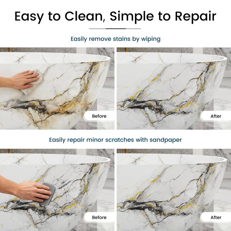 65 in. x 30 in. Solid Surface Freestanding Soaking Bathtub in Matte White with Kunshan Snowflake Marble Pattern, Center Drain