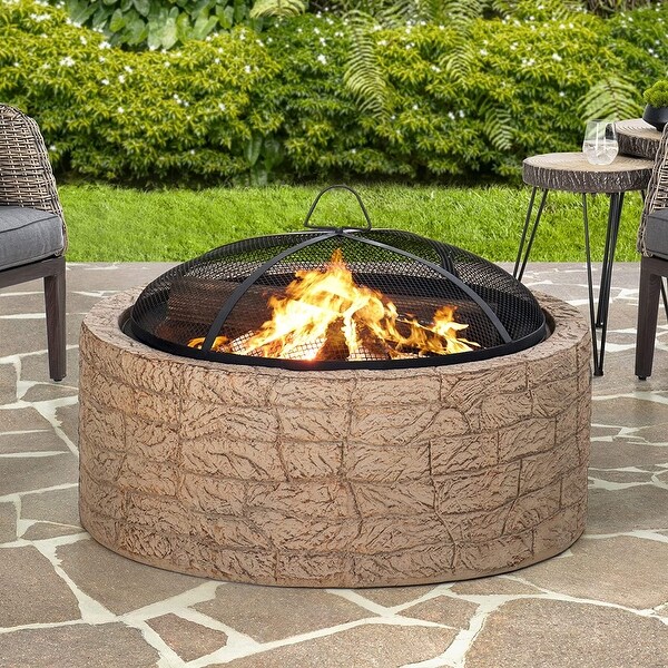 Sunjoy Stone 26 in. Round Wood Burning Firepit for Outside - Bed