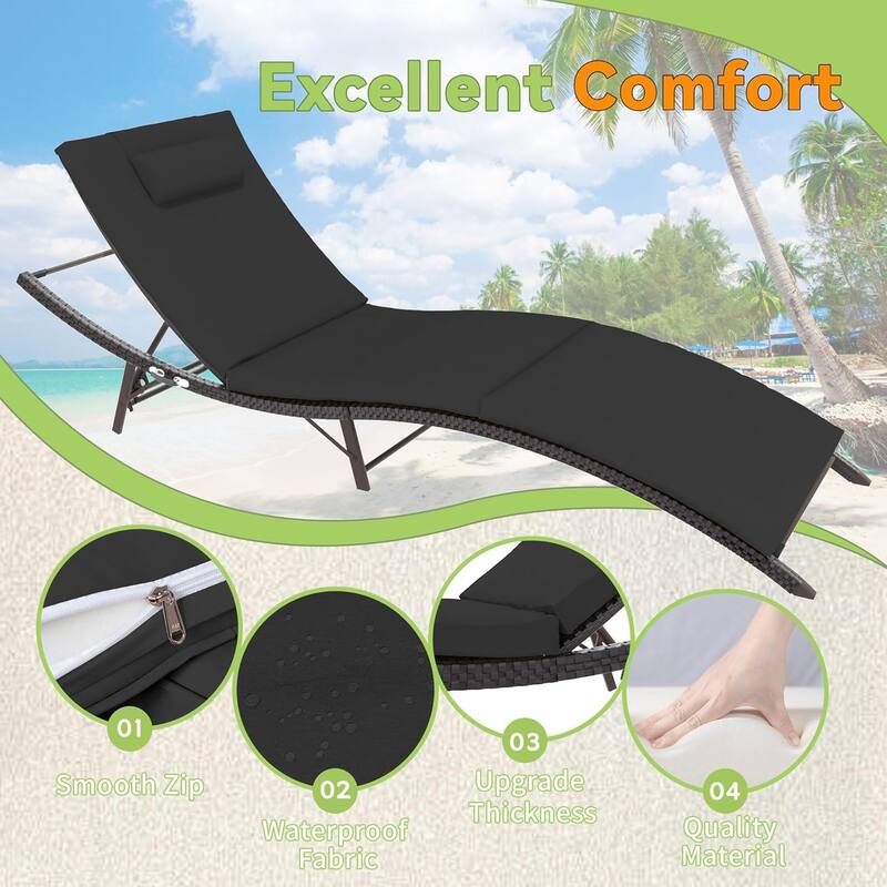 3-Pieces Wicker Outdoor Chaise Lounge Set w/ Two Foldable Lounge Chairs and one Side Table