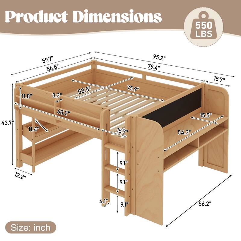 Full/Twin Size Loft Bed with Built-in Desk, Multi-Storage Bookcases & Blackboard, Solid Wood Low Loft Bed Frame