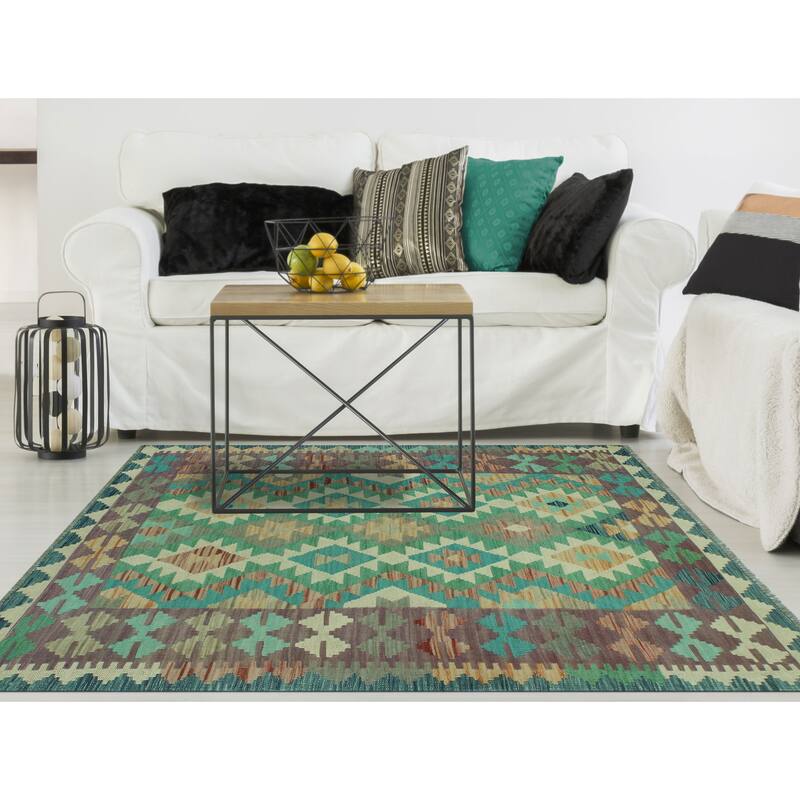 Hand-Woven Sun Faded Kilim Aidana Blue/Green Rug - 3'11" x 5'8"