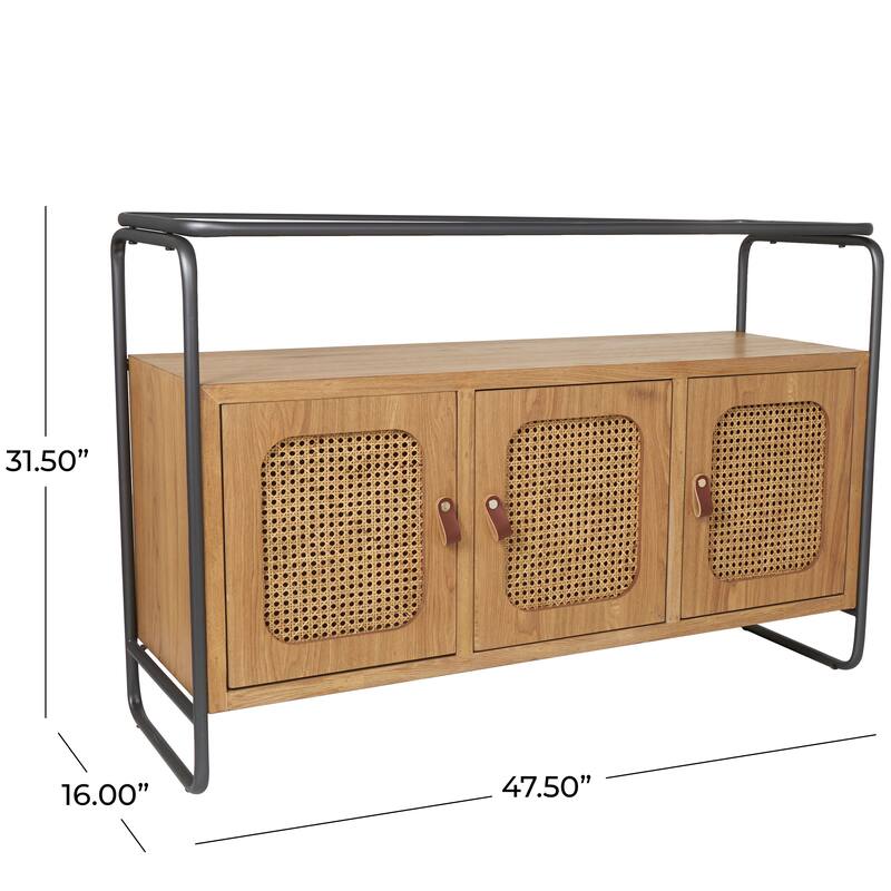 Brown Wooden Living Room Coffee Table with Cane Front Drawers and Gray Metal Frame