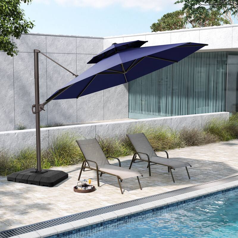 Pellebant Round Double Top Patio Cantilever Umbrella with Base - Navy Blue