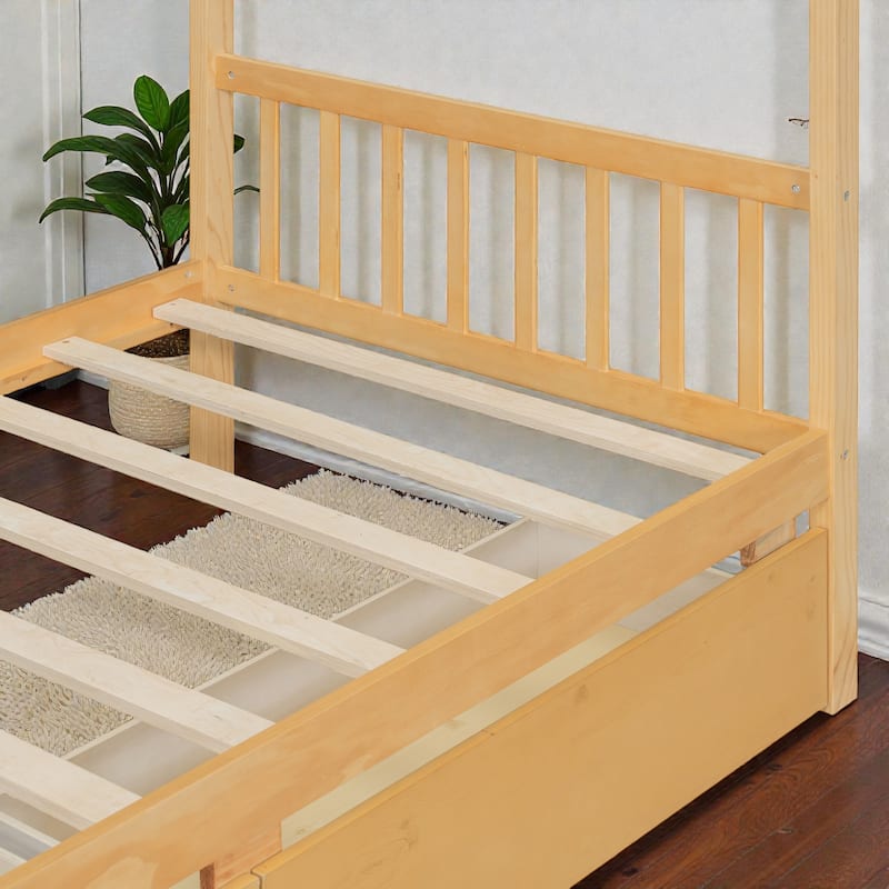 Twin/Full Size Wooden House Bed with Roof and 2 Drawers, Kids Platform Bed with Storage, Solid Pine Frame