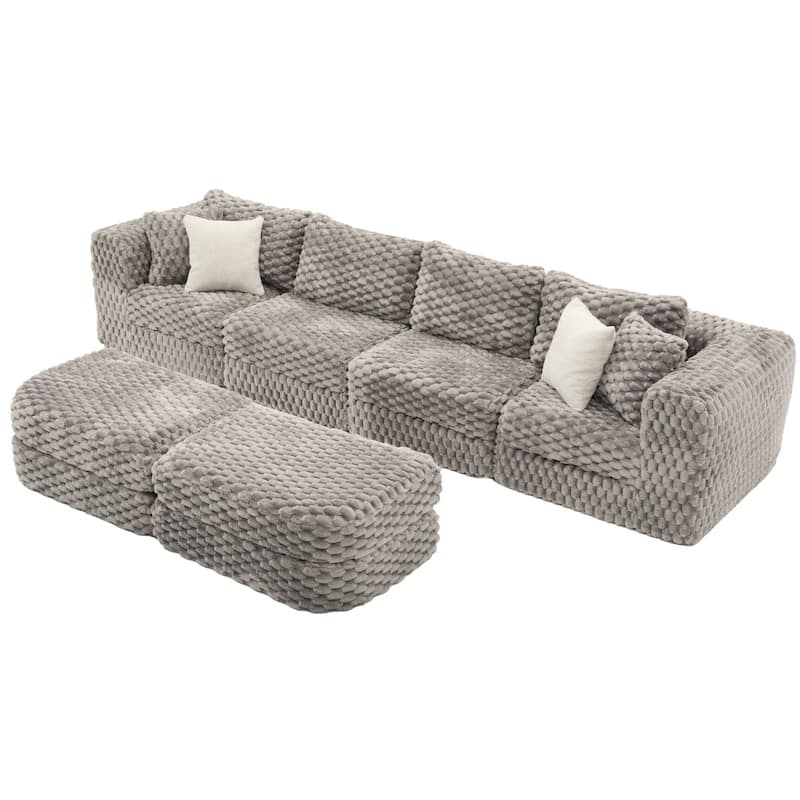 135.4" Bubble Velvet Fabric Sectional Sofa with 2 Ottomans
