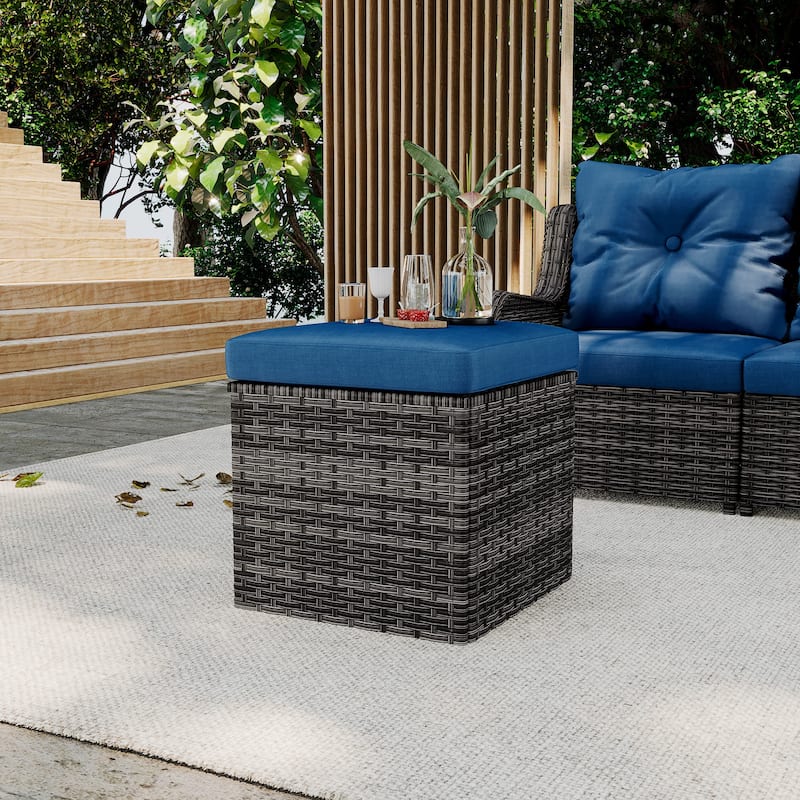 Outdoor Patio PE Wicker Ottoman with Cushion