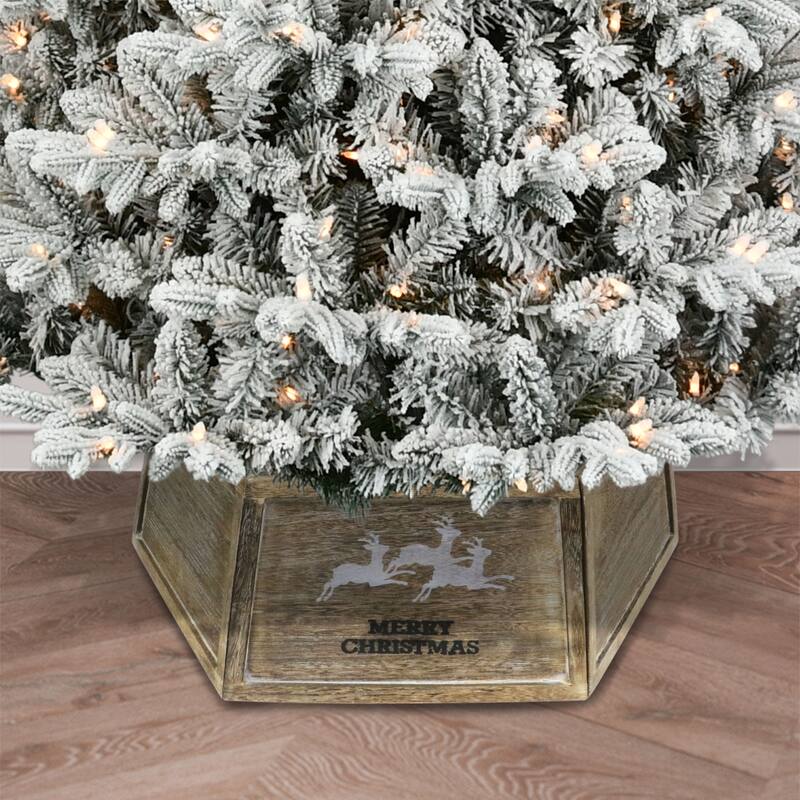 Merry Christmas Reindeer Wooden Hexagon Tree Collar - 32" - Brown