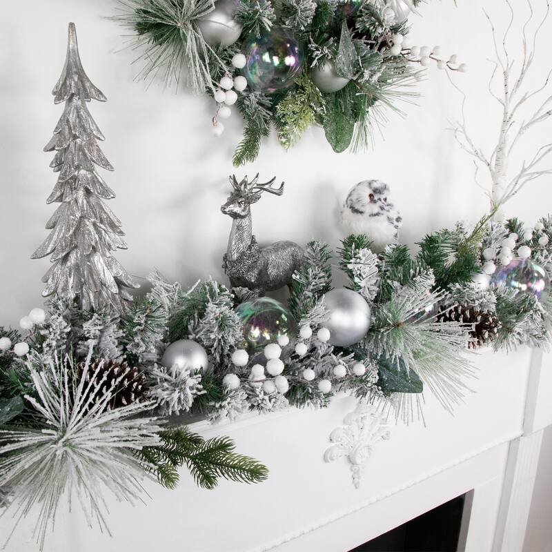 6' Flocked Pine Artificial Christmas Garland with Iridescent Ornaments Unlit