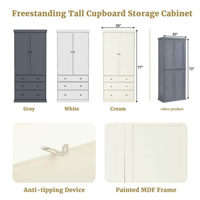 77" Farmhouse-Style Freestanding Pantry – Spacious Kitchen Storage Cabinet with 3 Adjustable Shelves, 8 Door Racks & 3 Drawers.