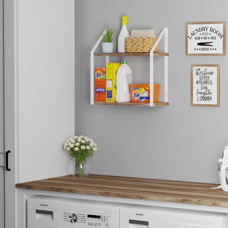 Wallniture Modena 2 Tier Shelves with White Brackets, Bathroom Wall Decor, 17x6", Burnt