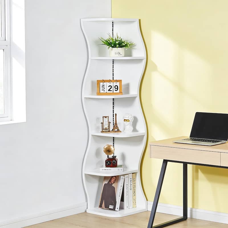 Javlergo 5-Tier Corner Bookshelf with LED Light Strip Seagrass Wave Design Tall Corner Bookcase with Lights for Living Room