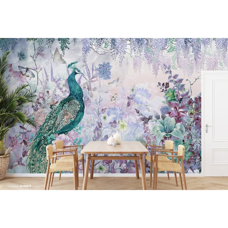 Peacock Wallpaper Mural with Floral and Wisteria Accents - Green - W:131" x H:118"