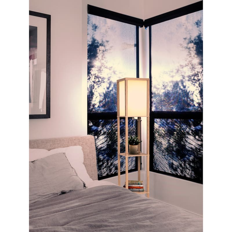Brightech Maxwell 63 in. Rustic Wood Traditional LED Super Bright 3-Shelf Floor Lamp with White Fabric Square Shade