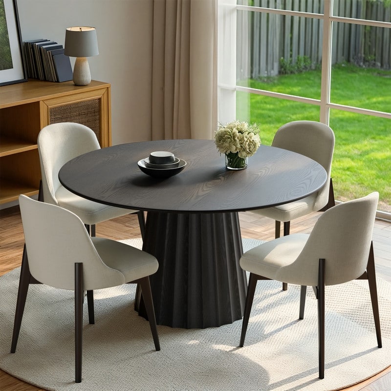 5-Piece Modern Round Dining Table Set with Upholstered Chairs Pedestal Base - Black