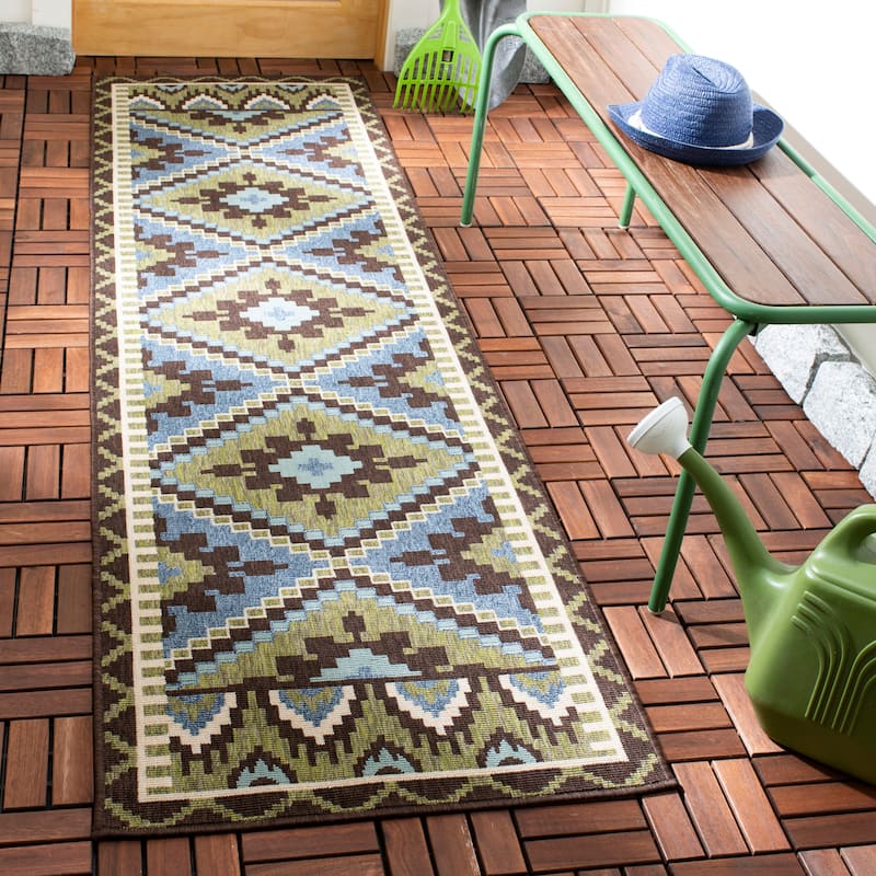 SAFAVIEH Veranda Vitaline Indoor/ Outdoor Waterproof Patio Backyard Rug - 2'3" x 12' Runner - Green/Chocolate