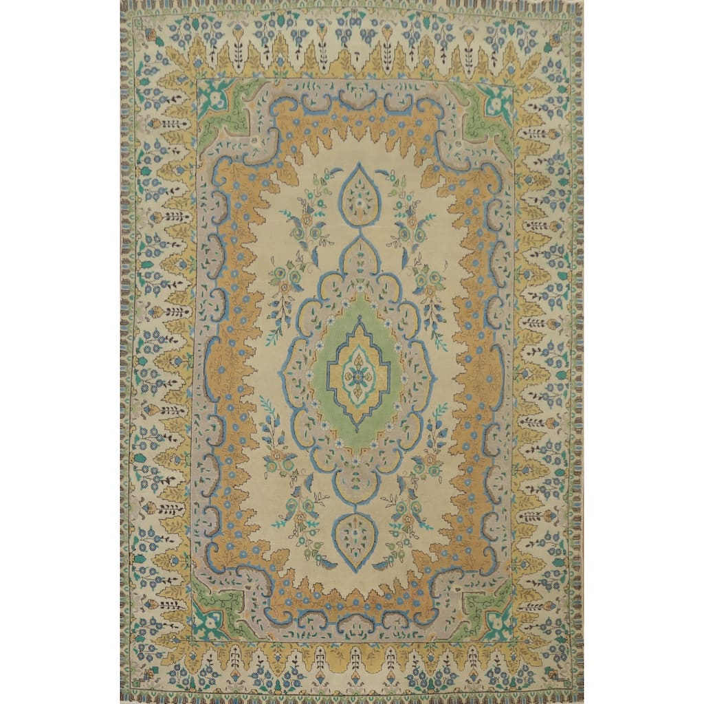 Hand Knotted Oriental 100% Wool Carpet Traditional Floral Beige & Ivories Tabriz Area Rug - 11' 10'' X 7' 10''