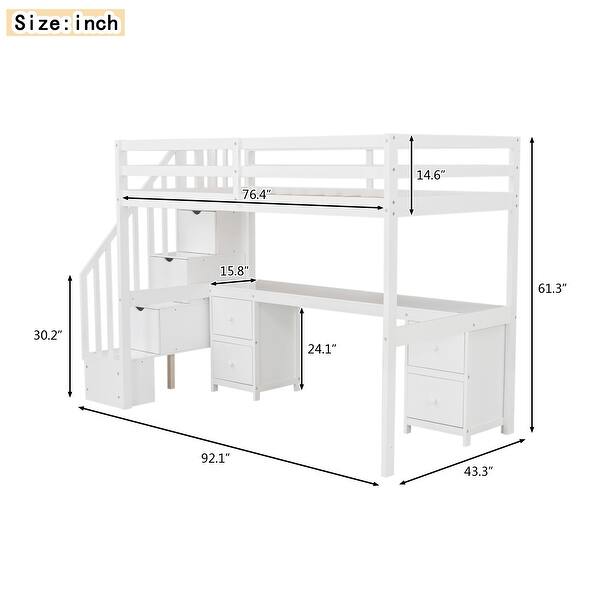 dimension image slide 1 of 2, Twin Loft Bed with Built-in Desk and Double Storage Drawers, White