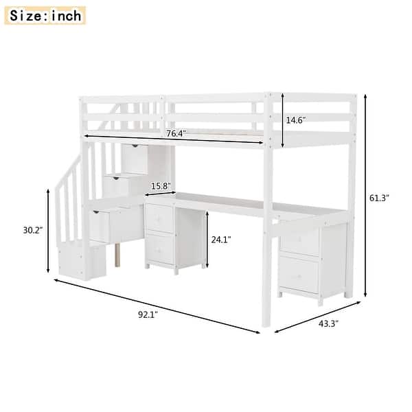 Wood Twin Loft Bed with Desk & Drawers, Staircase & Guardrails, White
